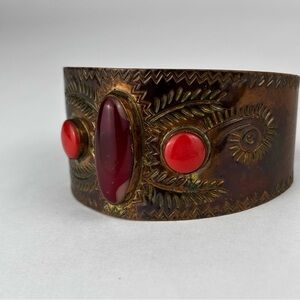 Vintage Copper And Red Glass Cabochon Cuff Bracelet Made In Mexico